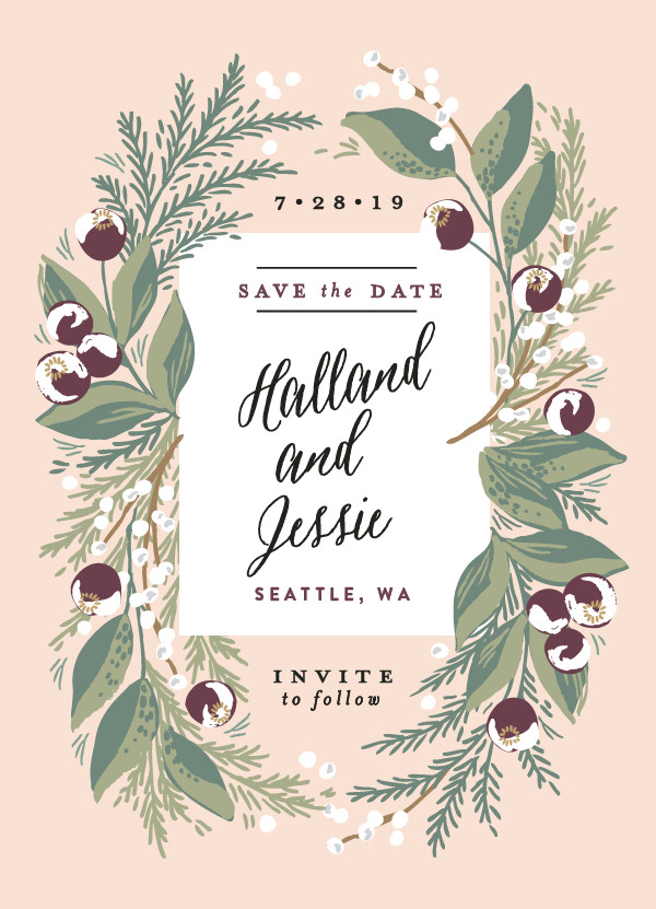 'Rustic Floral Fern (Blush)' Pink Save the Dates
