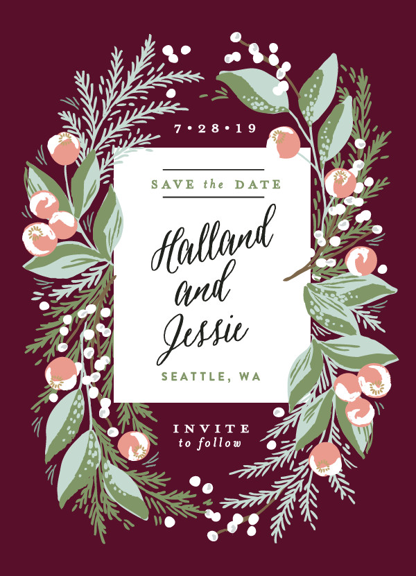 'Rustic Floral Fern (Wine)' Save-the-Dates